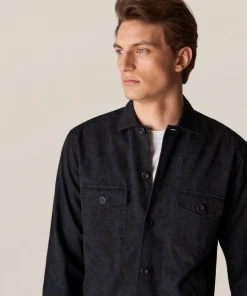 Off The Water Eton Dark Blue Floral Print Gabardine Overshirt